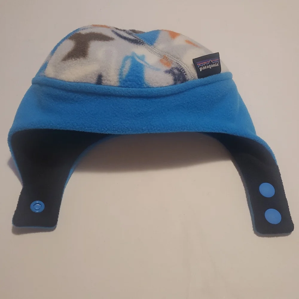 Patagonia Kids Winter Hat size 0-3 months Blue Chin Snap Synchilla Fleece